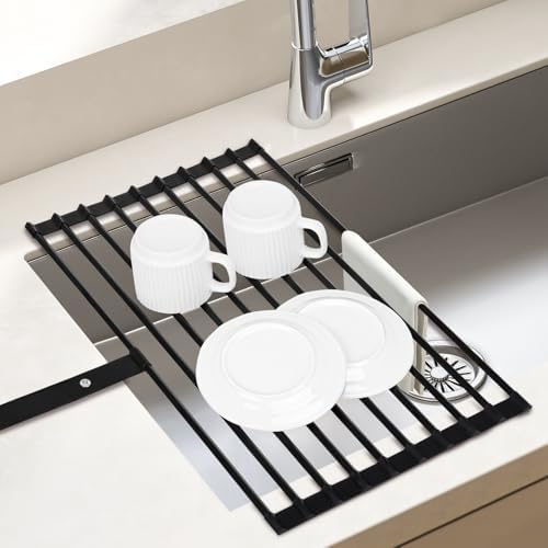 Roll Up Dish Drainer Rack, Over The Sink, Drying Mat Large Foldable with Anti-Slip Silicone Edges and Strap for Plates, Bowls, Cups, 51x32cm, Black by Unknown