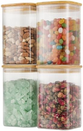 D2scrma 37oz Airtight Glass Square Storage Canisters with Bamboo Lids Set of 4 (1100ml) Striped Stackable Containers, Decorative Kitchen Jars for Tea, Nuts and Coffee (‎with Black Lable) by Delicatedtoservicecustomer