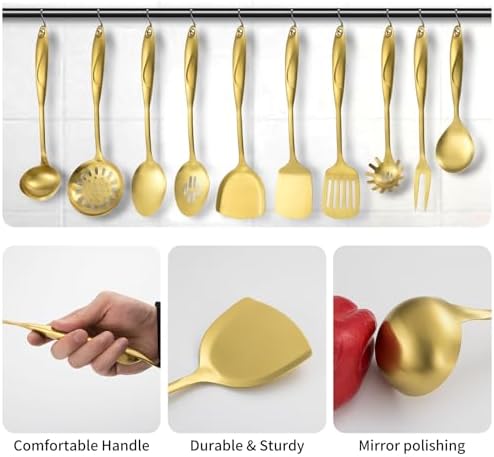 304 Stainlss Steel Kitchen Utensils Set, 10 Pcs Metal Cooking Utensil, Matte Kitchen Gadget Cookware and Kitchen Tool Set, Dishwasher Safe(Gold) - Image 4