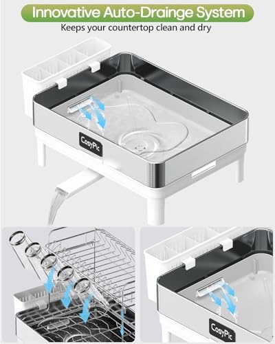2 Tier Dish Drying Rack, Thicker Premium 304 Stainless Steel Dish Racks for Kitchen Counter, Automatic Drainage Spout, Dish Drainer & Drainboard Set with Utensil Holder and Cup Holder, White - Image 5
