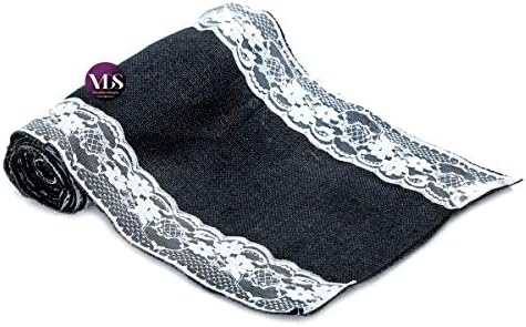 VDS Pack of 25, Burlap Table Runner with White Lace Edge, 100% Natural Jute Rustic Hessian Table Cloth Centerpiece for Wedding Birthday Party Banquet Table Decoration (Size 12X108 Inch)(Black) - Image 3