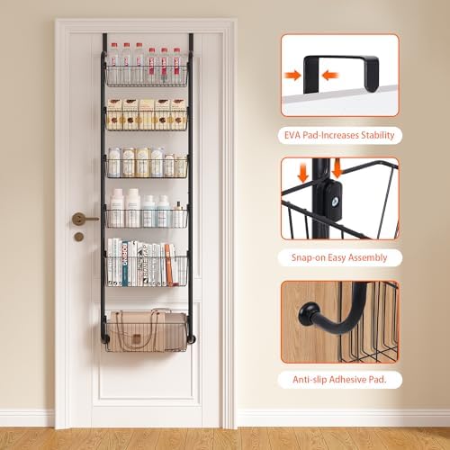 VECELO Kitchen Over the Door Organizer, 6-Tier Pantry Door Organizers and Storage, Metal Sturdy Over the Door Pantry Organizer, Easy Installation Over the Door Storage Spice Rack Shelves, Black - Image 3