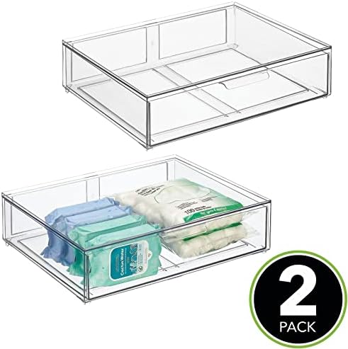 mDesign Wide Plastic Stackable Bathroom Storage Organizer Bin with Pull Out Drawer for Cabinet, Vanity, Shelf, Cupboard, Cabinet, Countertop, Closet Organization - Lumiere Collection - 2 Pack - Clear - Image 3