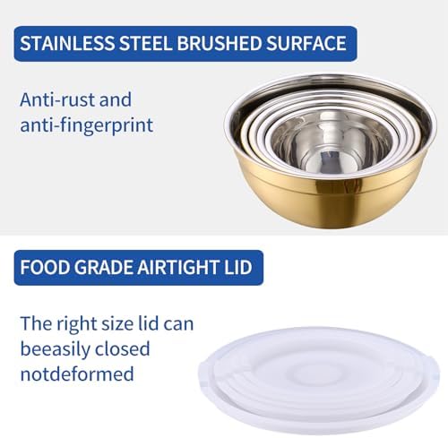 Gold Mixing Bowls With Airtight Lids,Stainless Steel Bowl,Salad Bowls 5 Piece Colorful Nesting Bowl Gold Kitchen Accessories,Size 5.5,3.6,2.7,2.1,1.5QT Stackable Design - Image 4