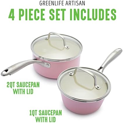 GreenLife Artisan Healthy Ceramic Nonstick, 1QT and 2QT Saucepan Pot Set with Lids, Stainless Steel Handle, Induction, PFAS-Free, Dishwasher Safe, Oven Safe, Pink - Image 5