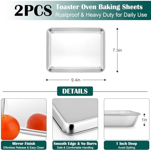 E-far Small Baking Sheet with Wire Rack (2 Pans + 2 Racks), Stainless Steel Cookie Sheets Trays & Cooling Rack for Toaster Oven, Non Toxic & Warp Resistant, Oven & Dishwasher Safe, 9.4 x 7.3 x 1 Inch - Image 2