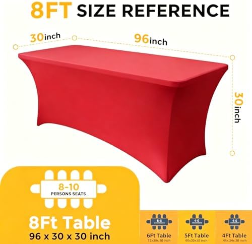 Red Spandex Tablecloth 6 Pack, 8FT Fitted Stretch Table Cloth with Reinforced Foot Pockets for 96 x 30 x 30 Inch Rectangle Tables, Washable Table Covers for Trade Shows, Weddings, Parties - Image 2