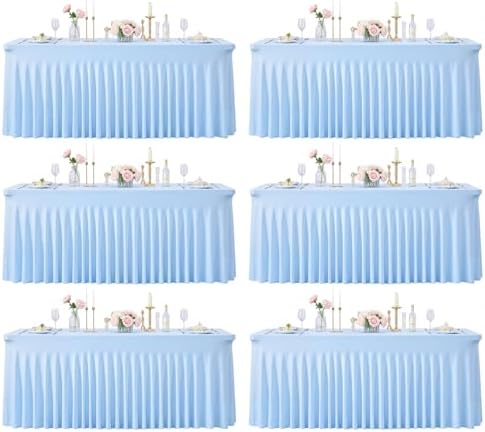 6 Pack Baby Blue Spandex Tablecloths for Rectangle Tables 8 Foot Blue Stretch Table Cloth Rectangle 8ft Elastic Fitted Table Cover with Skirt for Wedding Baby Shower Boy Birthday Party Banquet Buffet by Suppromo