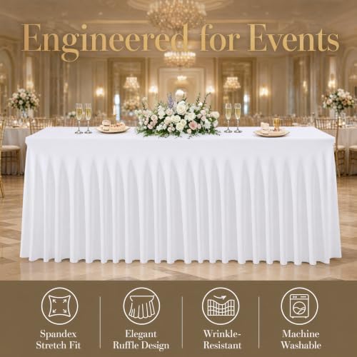 5 Pack White Stretch Spandex Tablecloths, 6ft Fitted Rectangle Table Cover with Skirt, Wrinkle Free Polyester Table Cloth for Wedding, Party, Banquet, Baby Shower, Christmas - Image 3