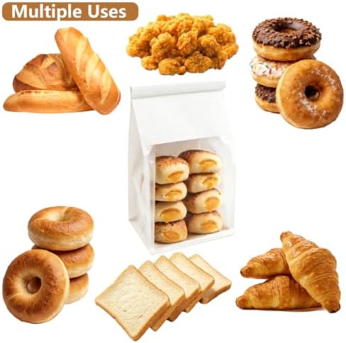 50 PCS White Bread Bags for Homemade Breads, 11x5.1x3.9 Inch Resealable Cookie Bags with Tin Tie Tab Lock, Paper Bakery Bag with Window for Packaging Bagels, Scone, Brownie, Baked Goods Storage - Image 5