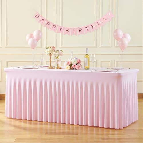 4 Pack Pink Spandex Tablecloths for Rectangle Tables 8 Foot Pink Stretch Table Cloth Rectangle 8ft Elastic Fitted Table Cover with Skirt for Wedding Baby Shower Girl Birthday Party Banquet Buffet - Image 3