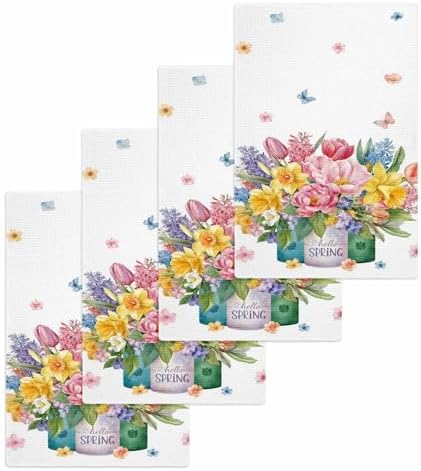 Spring Flowers Waffle Kitchen Hand Towels Set of 4, Watercolor Floral Leaves Butterflies Plant Absorbent Hair Dish Bath Tea Golf Microfiber Towel, Yoga Gym Workout Towel Dish Washcloth 15.7"x23.6" by Falaniique