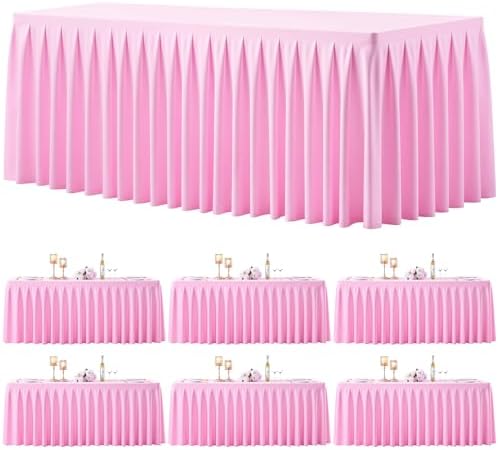 6 Pack Pink Rectangle Tablecloth 8 FT Stretch Spandex Fitted Table Cloth for 8 Foot Rectangle Tables Banquet Tablecloths Wrinkle Free Table Cover Skirt Ruffle Tablecloth for Party Wedding Birthday by Tao-GePartyDecorations