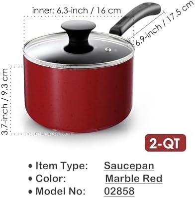 Cook N Home Basic 2 Quart Nonstick Saucepan with Glass Lid, Small Non Stick Aluminum Sauce Pan, Multi-Purpose Milk Chocolate Cooking Pot with Stay-Cool Handle, Marble Red - Image 2