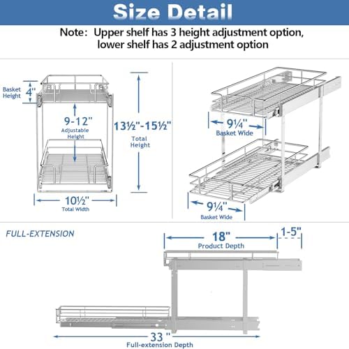 2 Tier Individual Pull Out Cabinet Organizer 10½" W x 18" D, Heavy Duty Cabinet Pull Out Shelves, Slide Out Drawers Organization for Kitchen Cabinets Bathroom - Image 3