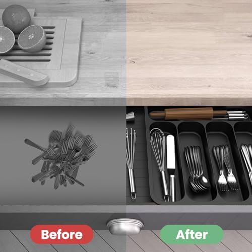 Cutlery Drawer Organiser, Extendable Kitchen Drawer Organiser Storage Trays, Compact Plastic Cutlery Tray for Knives, Forks and Spoons, Large (Black) - Image 5