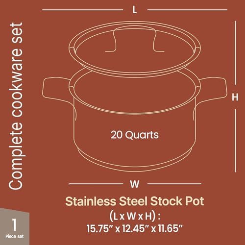 Stainless Steel Stockpot with Lid 20 Quart, Durable 18/8 Stainless Steel, Impact-Bonded Base for Even Heating, Riveted Handles, Oven & All Stove Compatible, Safe Up To 500°F (260°C) - Image 2