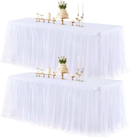 White Table Cloth Rectangle Table Covers for 6 Foot Tables, White Tulle Table Skirt Rectangle Table 6ft Stretch Tulle Tablecloth Skirt Fitted Elastic Banquet Party Wedding Table Cloth for 6 Foot Table by HBBMAGIC