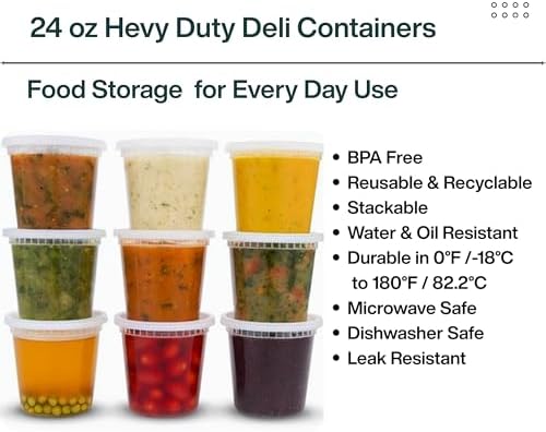 24oz [30 set] Heavy Duty Plastic Deli Container | BPA-Free Food Storage with Airtight Leak‑Proof Lids | Microwave, Freezer & Dishwasher Safe – Stackable, Bulk Reusable Soup & Meal Prep Tub - Image 5