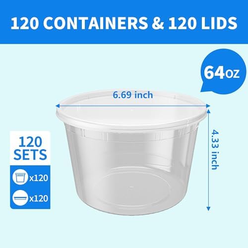 Plastic Deli Containers with Lids, 120 Sets 64 oz Leakproof Soup Cups | BPA-Free| Microwave Freezer Safe| Sturdy and Airtight| Crack-Proof for Takeout, Meal Prep, Slime, Snack, Leftovers Storage - Image 2