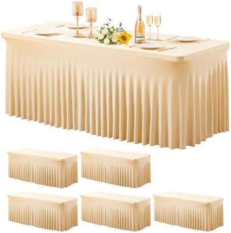 Wish Care 6 Pack Stretch Spandex Table Clothes for 8 Foot Rectangle Tables, 8FT Wrinkle Free Fitted Tablecloths Ruffles Design Table Cover for Party, Banquet, Wedding and Events by WishCare