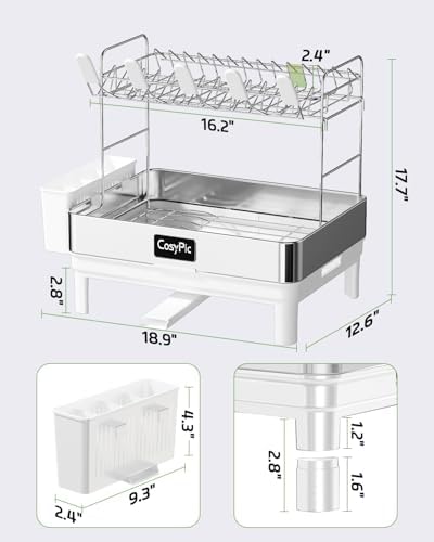 2 Tier Dish Drying Rack, Thicker Premium 304 Stainless Steel Dish Racks for Kitchen Counter, Automatic Drainage Spout, Dish Drainer & Drainboard Set with Utensil Holder and Cup Holder, White - Image 6