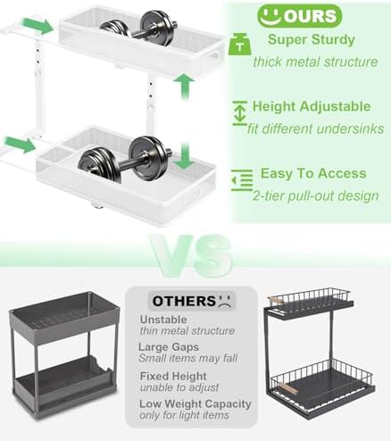Under Sink Organizer 2 Pack, High Adjustable 2 Tier Under Sink Organizers and Storage, Slide out Metal Cabinet Organizers, Pull out Storage Drawer Shelf for Kitchen Bathroom Cabinet (White) - Image 2