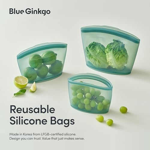 Blue Ginkgo Silicone Food Storage Bags, 4-Pack, Reusable, Made in Korea | Leakproof. Stand Up. Freezer and Dishwasher Safe. (Forest Green) - Image 2