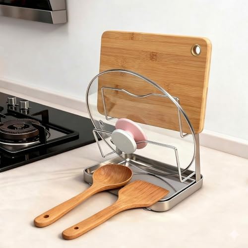 304 Stainless Steel Pot Lid Holder ＆ Spoon Rest While Cooking, Kitchen Storage Rack, Stove Top Organizer for Pan Lids, Multifunctional Cover Stand with Removable Drip Tray by Unknown