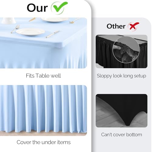 Wish Care 2 Pack Baby Blue Stretch Spandex Table Clothes for 4 Foot Rectangle Tables, 4FT Wrinkle Free Fitted Tablecloths Ruffles Design Table Cover for Party, Banquet, Wedding and Events - Image 3