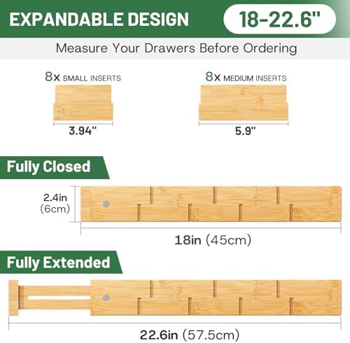 kiplant Kitchen Drawer Dividers - Adjustable Drawer Organizer for Clothes, Kitchen, Closet & Office - 8 Pack with Inserts, 18-22.6 Inches, Non-Slip Silicone Ends - Image 2