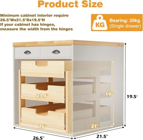 Pull Out Cabinet Organizer, 26''W×21''D Sliding Drawers for Cabinets, 3 Tier Soft Close Slide Out Wooden Pull out Drawers, Base Cabinet Organization for Kitchen, Pantry, Bathroom. - Image 3