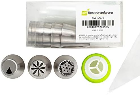 Pastry Tek Russian Piping Tips Set, 23 Piece Durable Cake Decorating Kit - 12 Piping Tips, 10 Piping Bags, Stainless Steel Piping Bags And Tips Set, 1 Tri-Color Coupler, - Restaurantware by Restaurantware