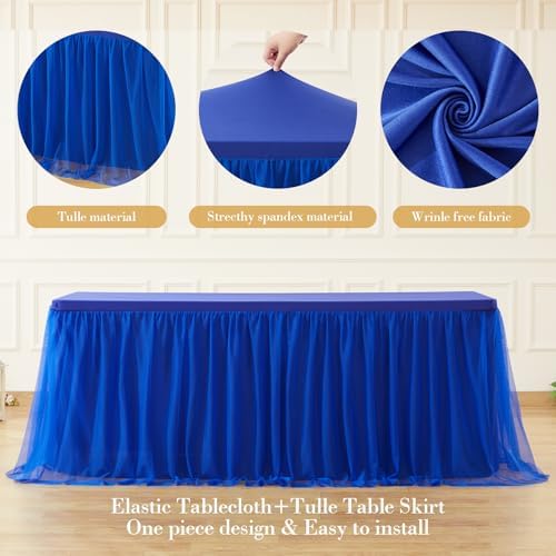 2 Pack 6ft Royal Blue Tulle Tablecloths for Rectangle Tables 6 Foot Rectangular Table Cloth Wrinkle Free Table Cover with Tutu Skirt for Baby Shower Wedding Birthday Party Banquet Buffet Cake - Image 6
