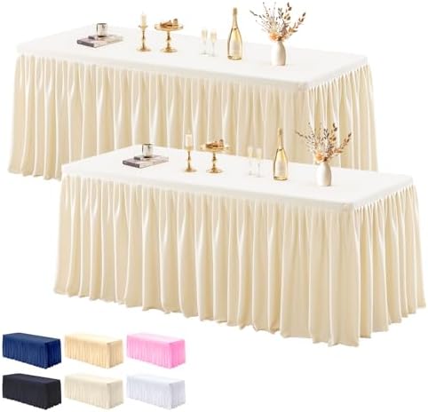 2 Pack Champagne Tablecloths for Rectangle Tables 8ft, Wrinkle Resistant Spandex Tablecover Fitted Stretch Table Cloth with Pleated Ruffle Table Skirts for Party Banquet Dining Birthday Wedding by Partisky