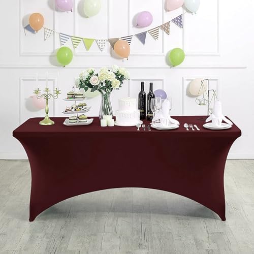 MDS® Pack of 2 Spandex Tablecloth 8FT Tight Fitted Stretch Table Cover – Washable Wrinkle-Free Reusable Elastic Patio Tablecloth for Wedding, Party, Banquet, Trade Show, Event Décor - Burgundy - Image 2