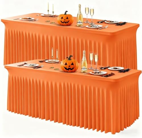 Wish Care 2 Pack Orange Spandex Table Clothes for 6 Foot Rectangle Tables, 6FT Wrinkle Free Fitted Tablecloths Ruffles Design Table Cover for Party, Banquet, Wedding and Events by WishCare