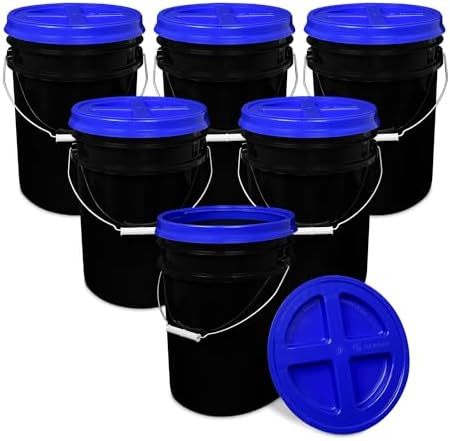 ePackageSupply 5 Gallon Bucket - Food Grade w/Lid BPA-Free, Black/Blue, 6 | Airtight Gamma Seal Screw-On Lid, Heavy-Duty 90 Mil HDPE Plastic, Food Safe and Durable Container, Bulk Storage, Made in USA by ePackageSupply