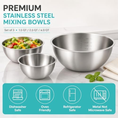 Stainless Steel Mixing Bowls Set of 3, 1.5/2.5/4 Qt Metal Mixing Bowl Set for Baking, Salad, Cooking & Meal Prep, Nesting Stainless Steel Bowls with Measurement Marks, Dishwasher Safe - Image 4