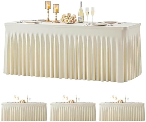 4 Pack 8ft Beige Spandex Tablecloths for Rectangle Tables Wrinkle Free Beige Rectangle Table Cloth Stretch Fitted Table Cover with Skirt for Wedding Birthday Party Banquet Baby Shower Buffet Event by Suppromo
