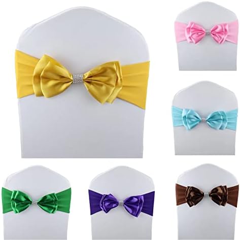 6 PCS Double Bows Stretch Chair Sashes, for Wedding Party Chair Cover Decoration, Spandex Stretch Chairs Bands (Pack of 6 Gold) - Image 2