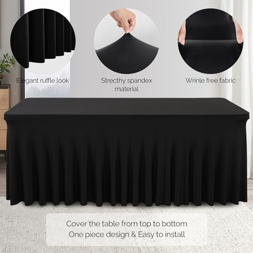 Wish Care 2 Pack Black Spandex Table Cloths for Rectangle Tables 8ft - One-Piece Wrinkle Free Fitted Table Cover 8 Foot Stretch Tablecloths for Party, Banquet, Wedding and Events - Image 2
