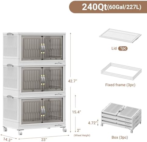 BROVIEW 240Qt Stackable Storage Bins with Lid, Extra Large Closet Organizer Collapsible Drawer Boxes with Wheels, Folding Plastic Cabinet Containers for Home Kitchen Room Organization, 3Pack White - Image 2