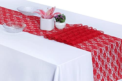 MDS Pack of 10 Wedding 12 x 108 inches Lace Table Runner for Wedding, Decorations for Birthday Parties, Banquets, Graduations, Engagements, and Runners fit Rectangle, Round Table- Red by MDS