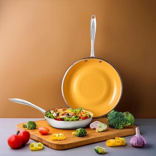 Non Stick Frying Pans - Tuxton Home Concentrix 2-Piece Stainless Steel Pan Set - Stove & Oven Compatible 8-inch & 11-inch Ceramic Frying Pan with Riveted Handles - Saffron Yellow Nonstick Pan Set - Image 3