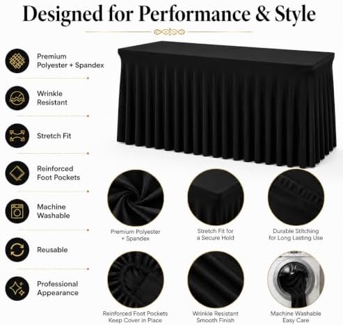 Your Magic Moment Black Tablecloth 6 PC Set 6 FT Rectangle Table Cover Set for 6 Foot Tables Black Spandex Table Skirts Party Anniversary Catering - Image 3