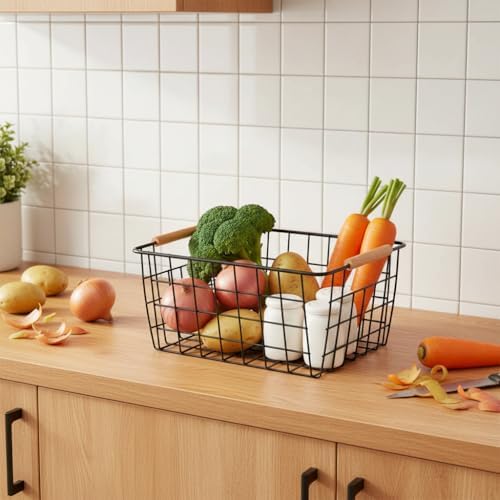 Metal Black Wire Basket,Food Storage Basket Organizer with Wooden Handles for Organizing,pantry and organizers Kitchen Cabinets Shelf potato onion, 4 Packs-Black - Image 4