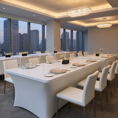 6 Pack 8FT Rectangular Spandex Tablecloth,Wrinkle Resistant Fitted Cover for 96x30 inch Banquet Table Cloth, Washable Stretch Fabric for Party, Events, Wedding, Vendor - White - Image 3