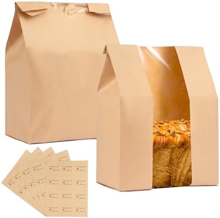 100 Pack Extra Large Paper Bread Bags for Homemade Bread,16×10×5 inch Sourdough Bags with Label Seal Stickers,Kraft Bakery Bag with Clear Front Window by Bewinnd