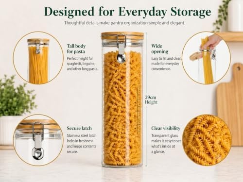 KKC 68oz Glass Spaghetti Container with Airtight Bamboo Clamp Lid - 2000ml Tall Pasta Storage Jar & Long Noodle Holder Keep Fresh Dispenser for Kitchen Pantry Storage Organization - Image 5